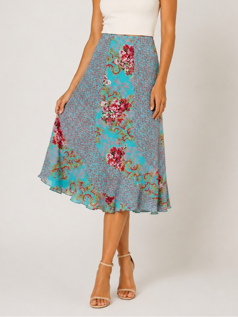 Monroe & Main Floral Patchwork Boho Midi Skirt Blue Paisley Ruffle Hem Size 6